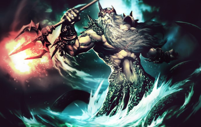 A picture of Poseidon coming out of the water and holding his trident dangerously.
