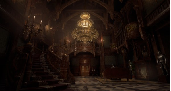 A screencap from resident evil village of Lady Dimestrecu's mansion.