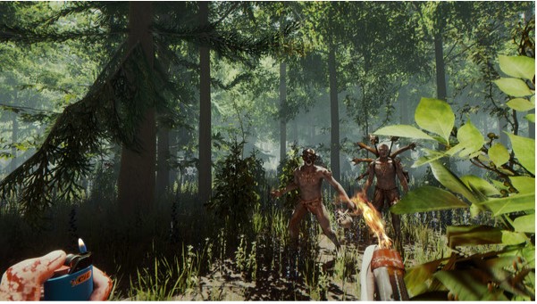 A screencap from game "The Forest," It's from a first person point of view. In one hand you're holding a lighter and in the other hand you're holding dynamite. There are two cannibalistic mutants standing in front of you.