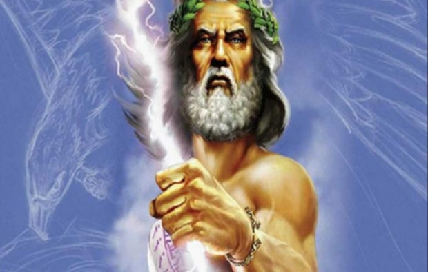 A picture of Zeus, he has long white hair and a long white beard and he is holding a lightning bolt.