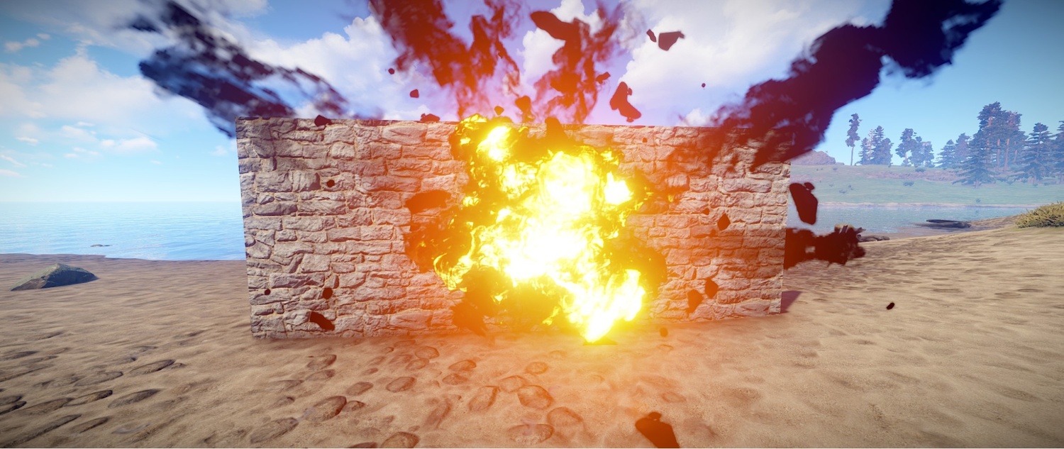 An explosion of a stone wall, featuring a high number of gibs for a more epic explosion.