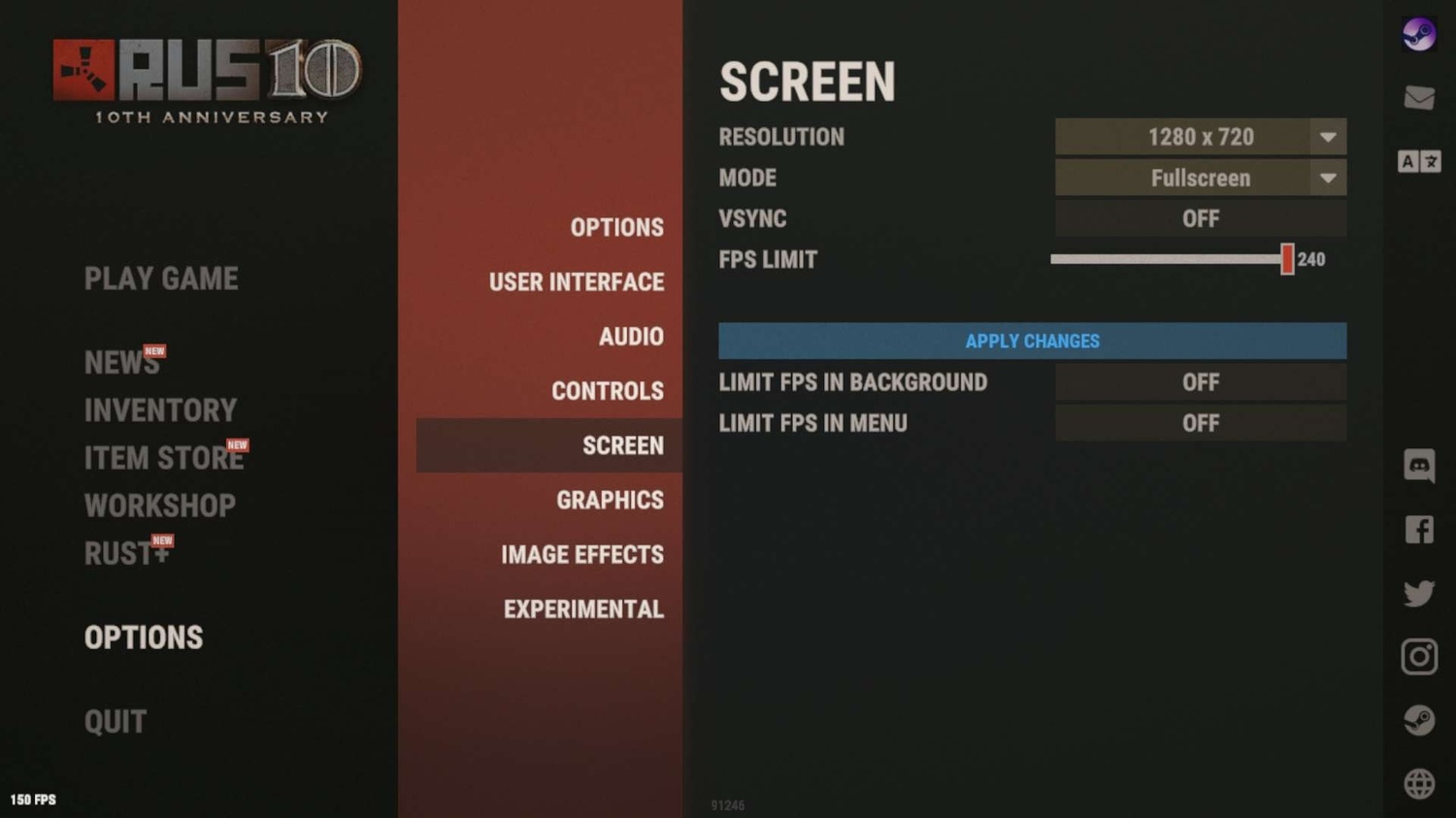 A screenshot showing a glimpse of the settings menu in Rust, featuring the different settings for your screen.
