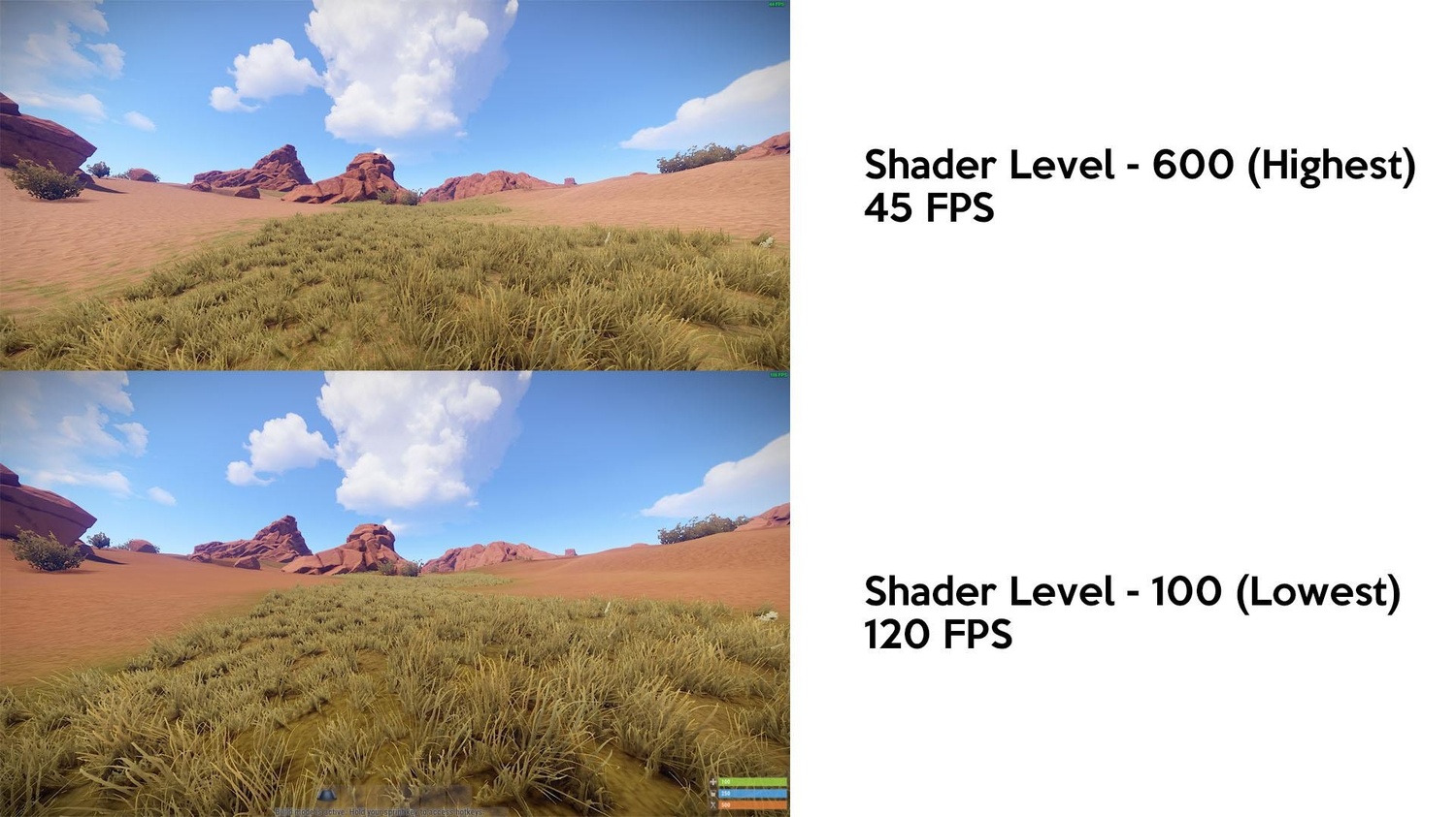 A comparison of different shader levels in Rust alongside their respective framerates. 