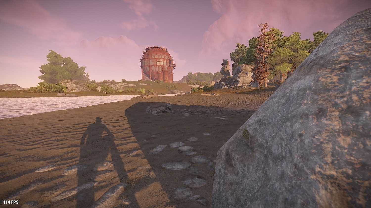 A screenshot showing an example of how shadow distances work in Rust.
