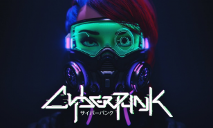 Image of a futuristic pair of goggles with overlying text: Cyberpunk