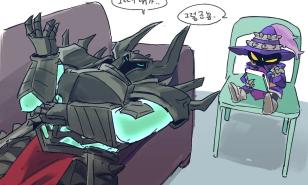 Mordekaiser getting therapy from Veigar with text in Korean.
