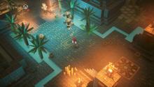 A cute cobblestone street is lined with palm trees, and surrounded by glowing lanterns.