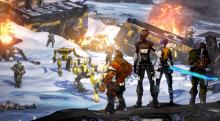 The heroes of Borderlands 2 (Sal, Zer0, Maya, and Axton) stand before the robotic horde of Handsome Jack