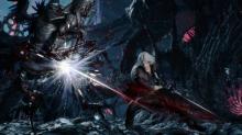 Dante slashes his sword against a giant demon in Devil May Cry 5