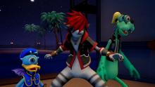 Sora, Goofy, and Donald become monsters to blend in with the Monsters Inc. characters.
