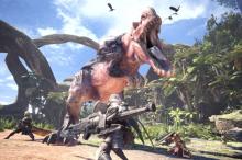 Many Character's stand off with a variety of weapons against a T-Rex like monster