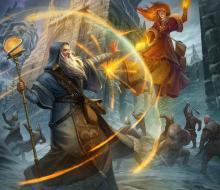 A wizard deflecting fiery projectiles of magic with a Shield spell