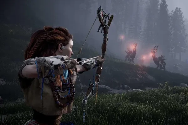 Aloy using a Hunter Bow to take down two Grazers