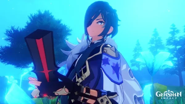 Kaeya posing with 4 Star Battle Pass weapon, The Black Sword Kaeya from Genshin Impact holding The Black Sword