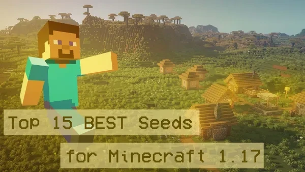 Top Fifteen Best Minecraft Seeds (1.17) Thumbnail of Steve from Minecraft over an image of a plains village