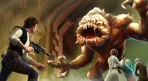 Han Solo facing off against the Rancor top scoundrel teams, galaxy of heroes, star wars, best galaxy of heroes teams