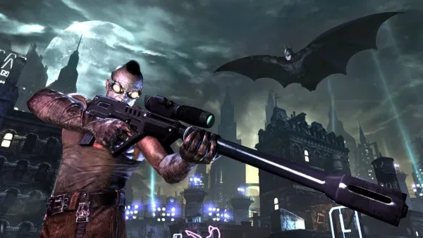 Batman planning to take down a criminal with a sniper Batman sneaking up on a criminal