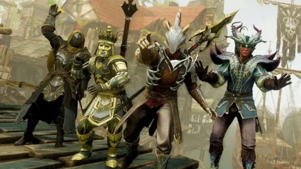 An array of New World armors and cosmetic sets New World characters wearing armor and cosmetics emoting