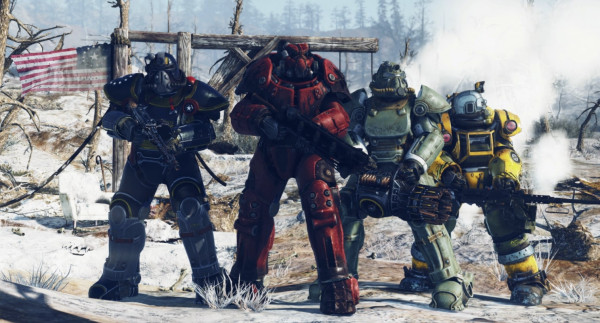 Four survivors wearing power armor