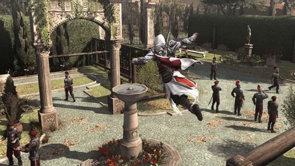 Ezio assassinates an enemy in Assassin's Creed