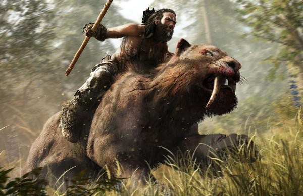 A warrior rides a sabretooth and carries a spear