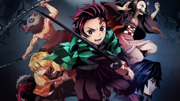 The main cast of the Demon Slayer corps including Tanjiro, Nezuko, Inosuke, Zenitsu, and Giyuu