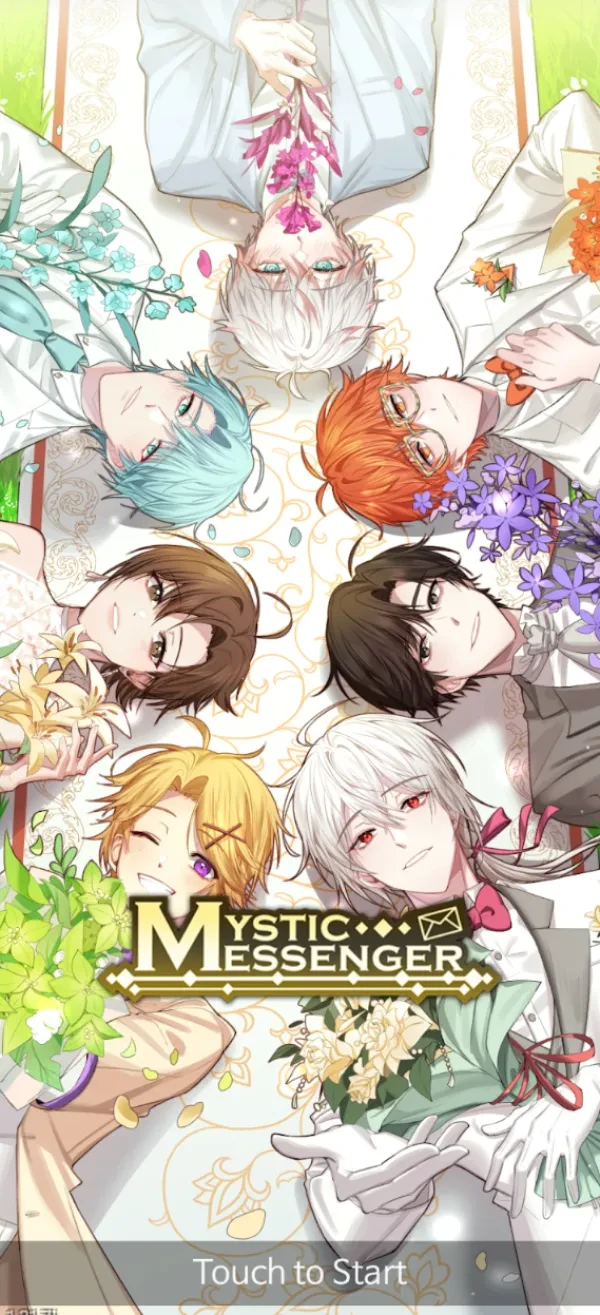 All of the love interests of Mystic Messenger presenting color-coded flowers to players during the January Home Screen change. 