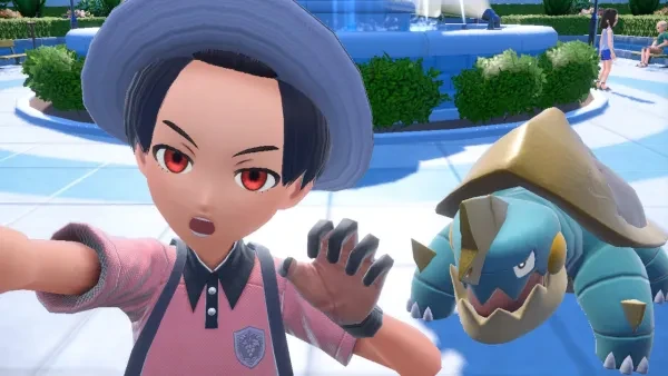 Drednaw is a Rock-Type who likes to Crunch! Player takes a selfie with Drednaw.