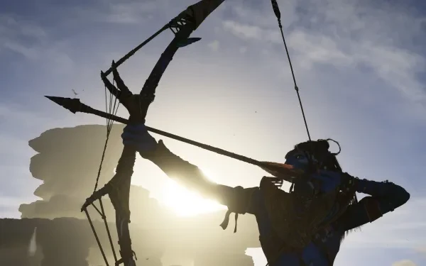 The silhouette of a Sarentu drawing their bow in front of a mountain and hazy sunset.