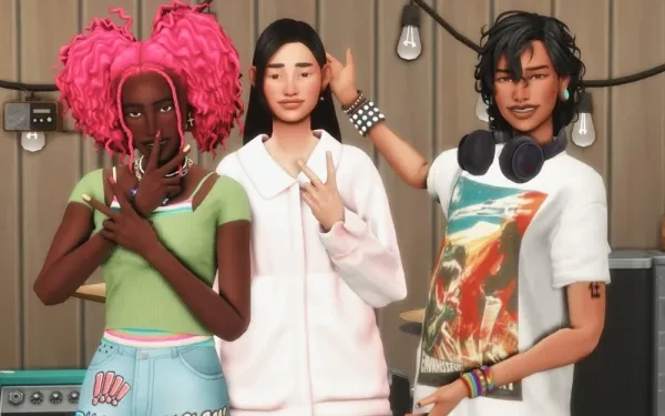 A fun image from The Sims 4 shows three friends goofing around and taking selfies using playful poses.