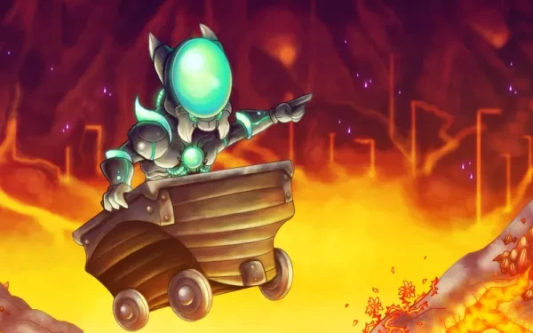 Terraria player in Vortex Armor riding a minecart through a lava filled cave