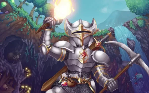 Terraria knight holding a torch and a pickaxe