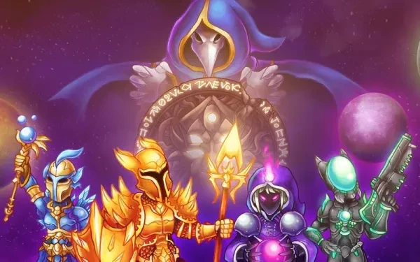Four warriors with cool armor stand in front of a looming cultist