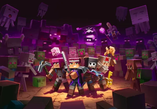 Several Minecraft characters standing around a bunch of monsters, ready to fight. 