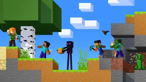 An image of two characters and several Minecraft monsters standing on a cliff. 