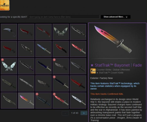 Image of Steam inventory with 25 CSGO knives