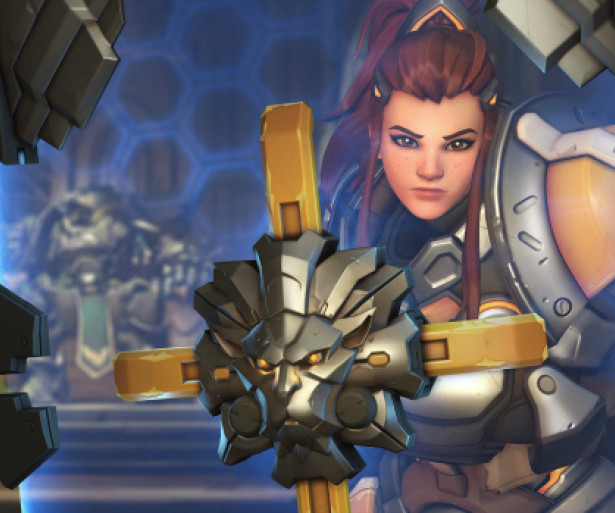 Brigitte behind her shield