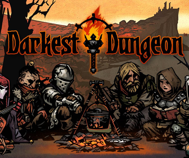 The Darkest Dungeon heroes resting around a campfire.