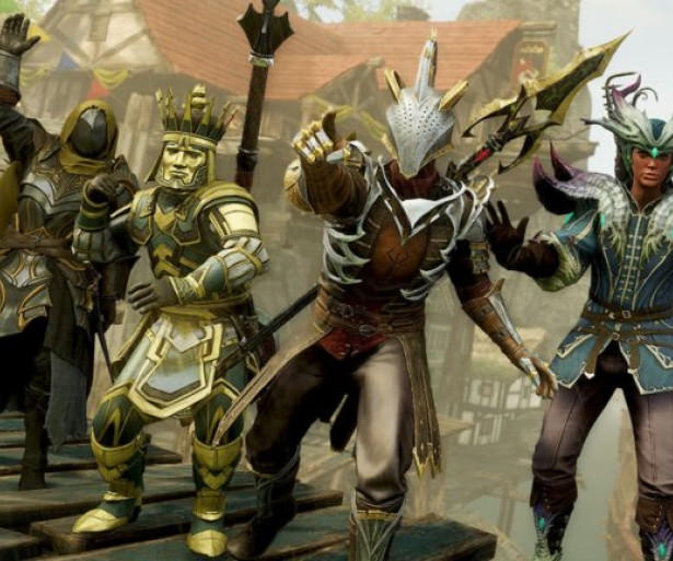 New World characters wearing armor and cosmetics emoting