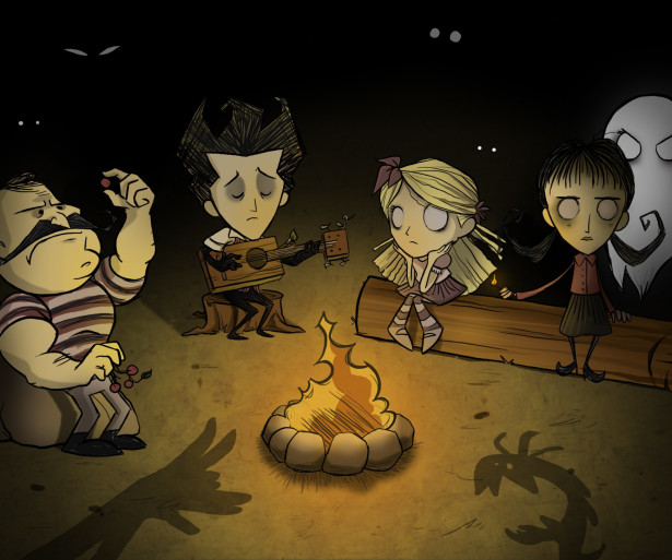 Wolfgang, Wilson playing guitar, Wendy + mad Abby, and Willow by a campfire