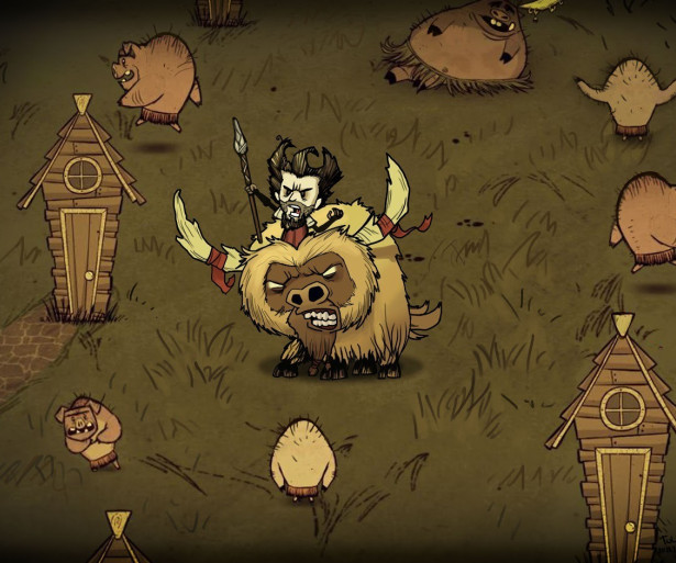 Wilson riding a beefalo into battle