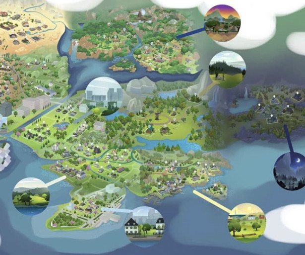 A map of the Sims 4 worlds.