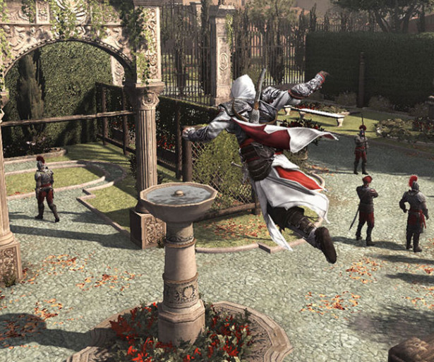 Ezio assassinates an enemy in Assassin's Creed 