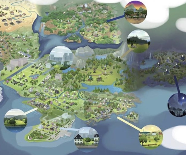 A map of all the worlds in The Sims 4.