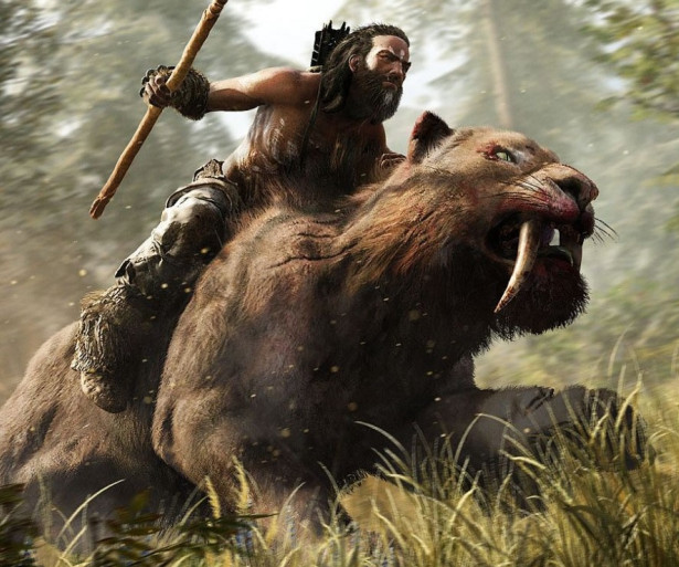 A warrior rides a sabretooth and carries a spear