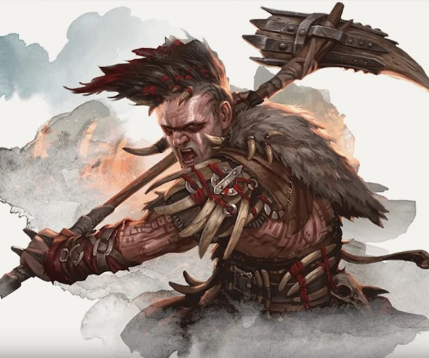 Barbarian with mohawk wielding a big hammer