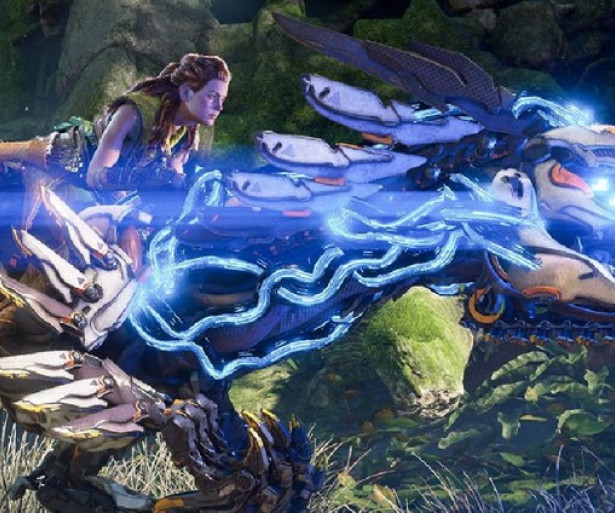 Aloy riding on a Clawstrider