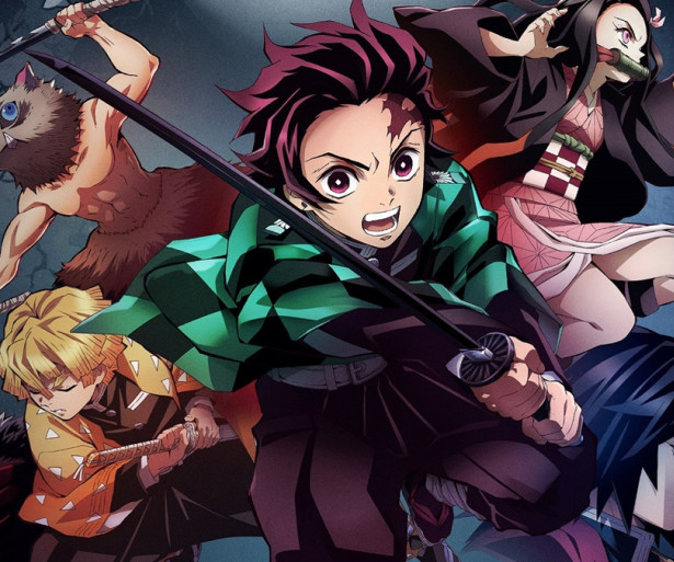 The main cast of the Demon Slayer corps including Tanjiro, Nezuko, Inosuke, Zenitsu, and Giyuu