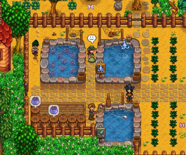 Players gather around to check their fish ponds