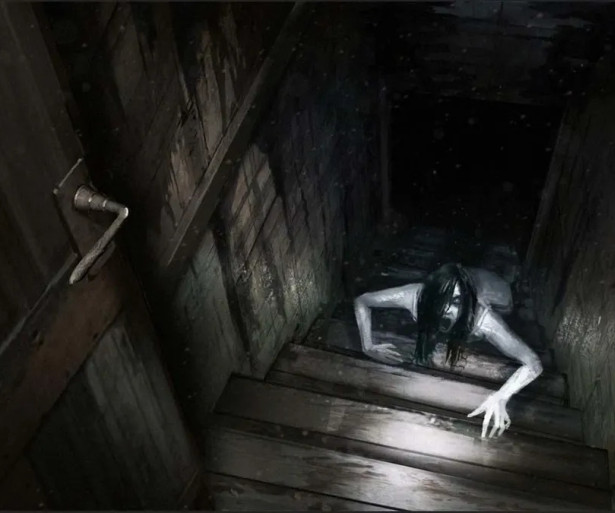 Ghost woman crawling up the dark stairs in a basement.